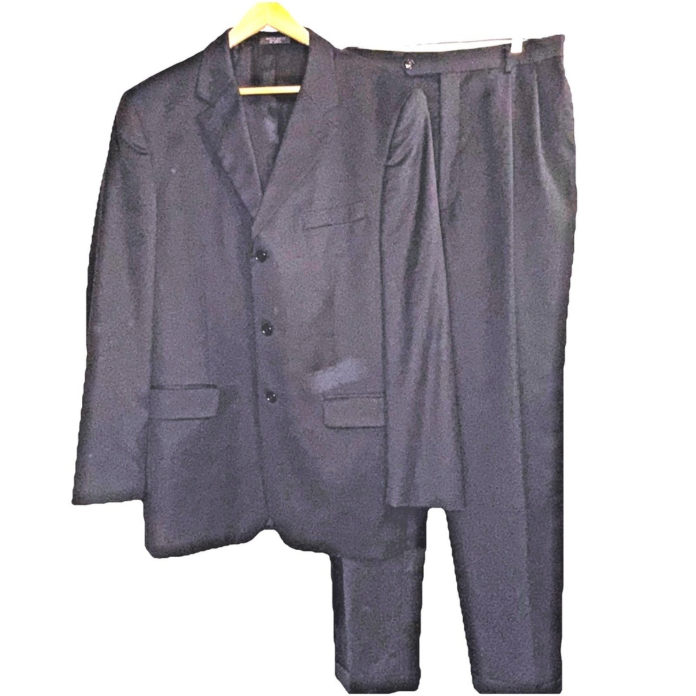 Jones New York Suit Men 44L Black Solid Single Breasted 100% ‎ Wool 36X31 cuffed